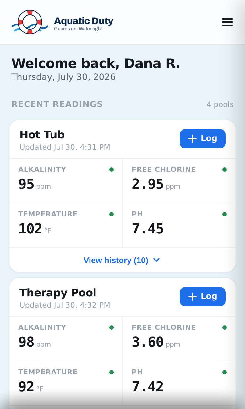 Aquatic Duty dashboard on a phone: recent readings for four pools, every value in range