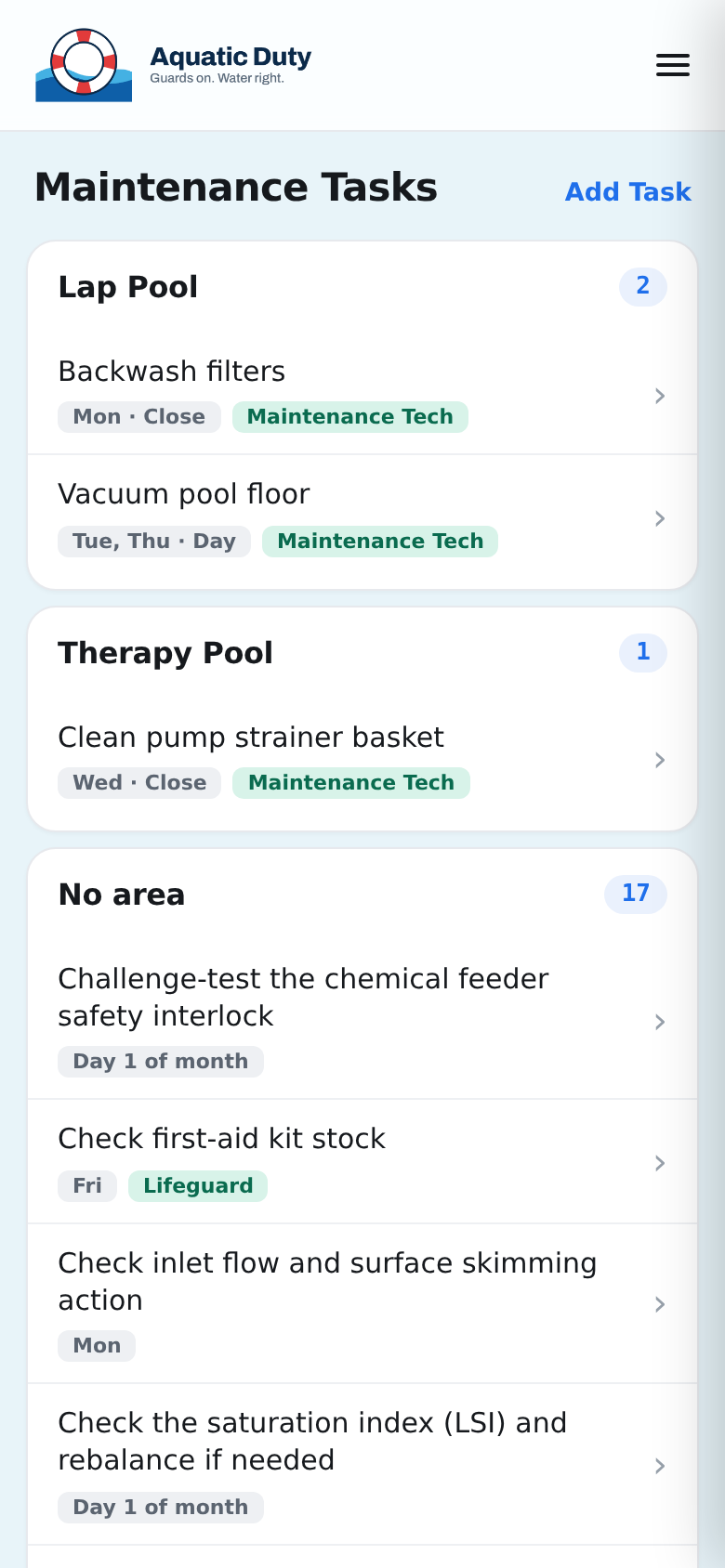 Maintenance task list on a phone: recurring duties tagged with days, shifts, and roles